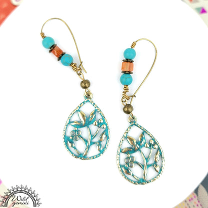 Boho Flower Earrings – Handmade Brass Dangle Earrings with Carnelian, Turquoise Jasper & Floral Charms, 2.75” Long