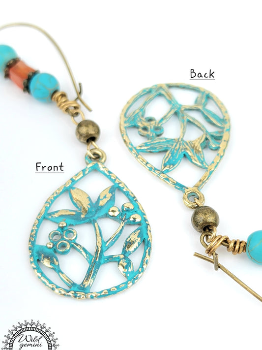 Boho Flower Earrings – Handmade Brass Dangle Earrings with Carnelian, Turquoise Jasper & Floral Charms, 2.75” Long