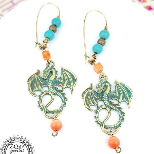 Boho Dragon Earrings – Handmade Brass Dangles with Carnelian, Turquoise Jasper & Mythical Dragon Charms, 3.5” Long
