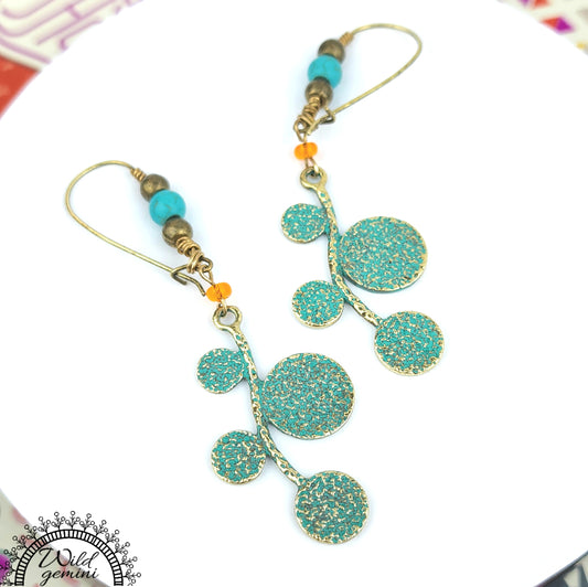 Boho Leaf Earrings – Handmade Brass Dangle Earrings with Turquoise Jasper, Orange Seed Beads & Round Leaf Charms, 3” Long
