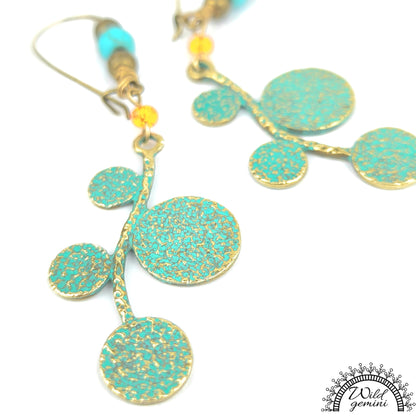 Boho Leaf Earrings – Handmade Brass Dangle Earrings with Turquoise Jasper, Orange Seed Beads & Round Leaf Charms, 3” Long