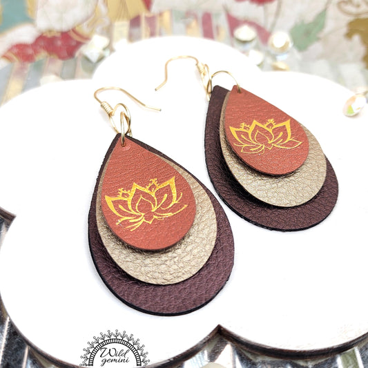 Boho Lotus Leather Earrings – Handmade Triple-Layer Faux Leather Drops in Brown, Beige & Copper with Gold Lotus Design & Hooks, 3” Long
