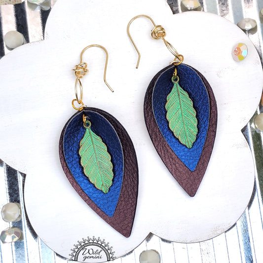 Boho Leaf Leather Earrings – Handmade Faux Leather Drops in Brown & Blue with Green Metal Leaf & Gold Hooks, 3” Long Lightweight Dangles
