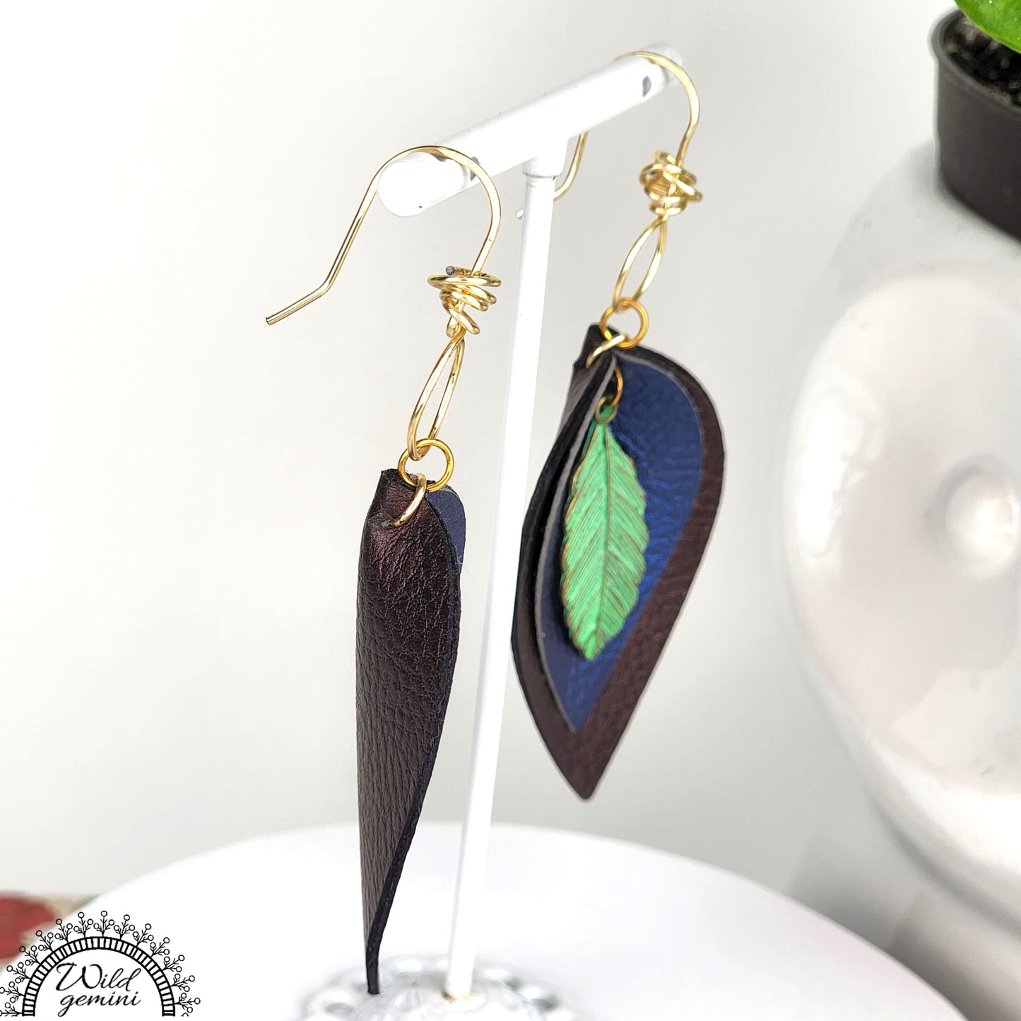 Boho Leaf Leather Earrings – Handmade Faux Leather Drops in Brown & Blue with Green Metal Leaf & Gold Hooks, 3” Long Lightweight Dangles