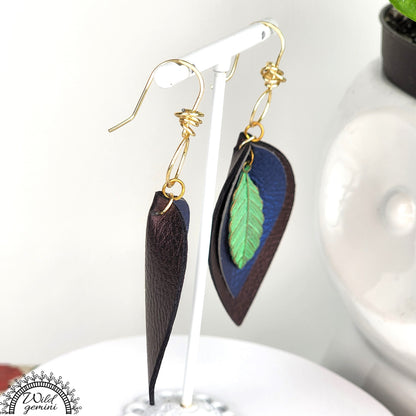 Boho Leaf Leather Earrings – Handmade Faux Leather Drops in Brown & Blue with Green Metal Leaf & Gold Hooks, 3” Long Lightweight Dangles