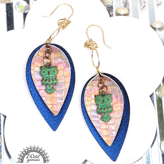 Boho Owl Leather Earrings – Handmade Faux Leather Drops in Brown & Gold with Green Metal Owl & Gold Hooks, 3” Long Lightweight Dangles
