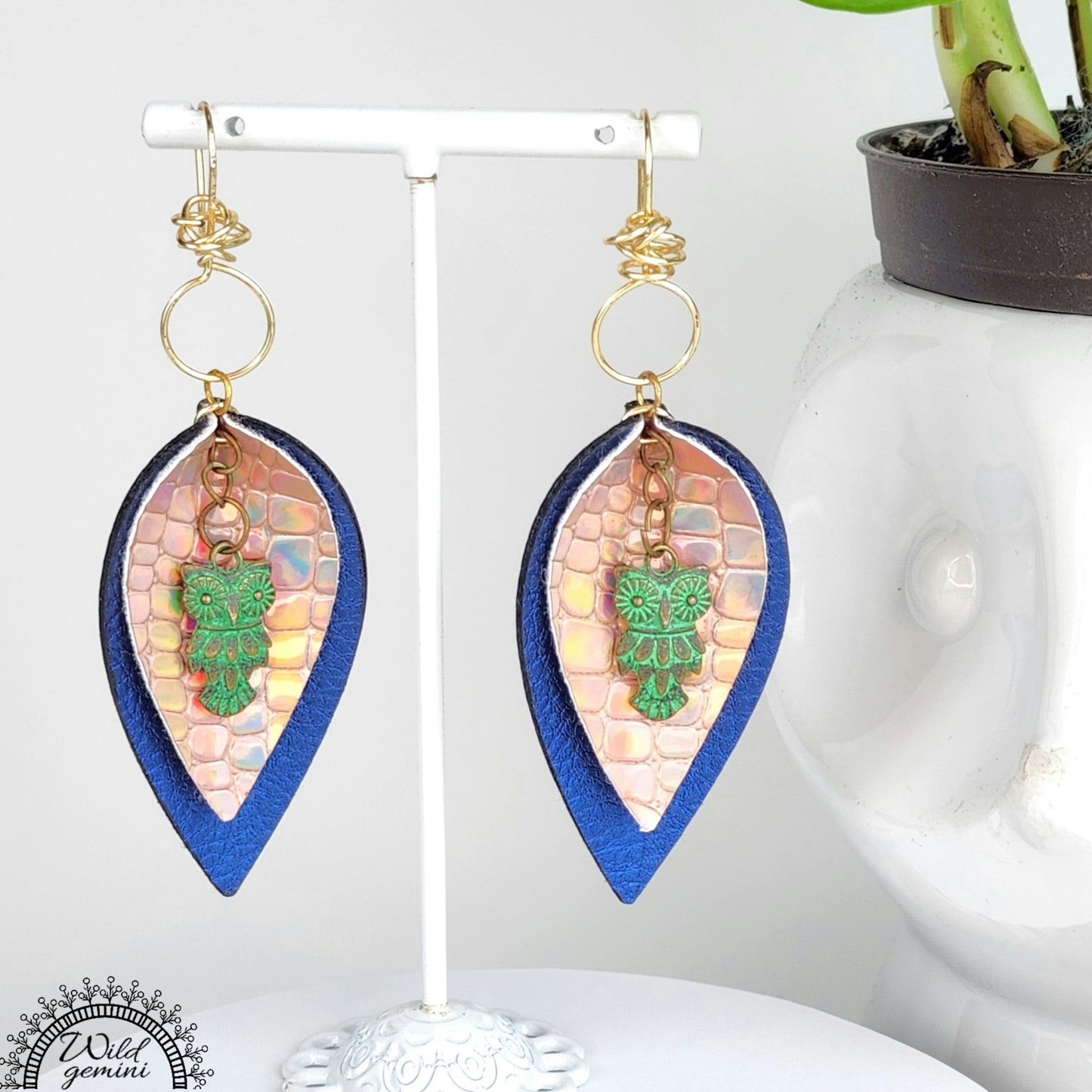 Boho Owl Leather Earrings – Handmade Faux Leather Drops in Brown & Gold with Green Metal Owl & Gold Hooks, 3” Long Lightweight Dangles