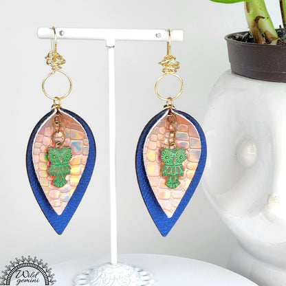 Boho Owl Leather Earrings – Handmade Faux Leather Drops in Brown & Gold with Green Metal Owl & Gold Hooks, 3” Long Lightweight Dangles
