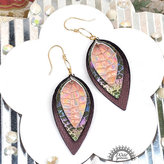 Boho Layered Leather Earrings – Handmade Faux Leather Drops in Brown, Gold & Multicolor with Gold Hooks, 3” Long Statement Dangles