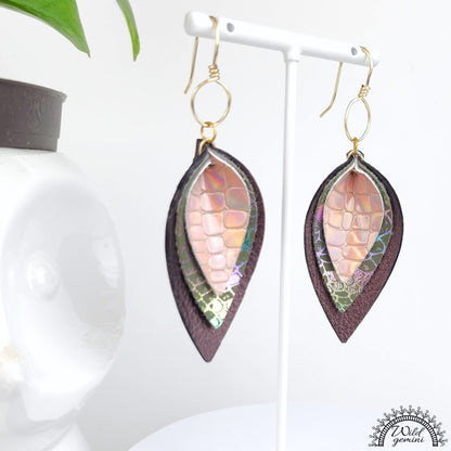 Boho Layered Leather Earrings – Handmade Faux Leather Drops in Brown, Gold & Multicolor with Gold Hooks, 3” Long Statement Dangles