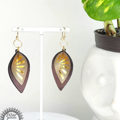 Boho Sun Leather Earrings – Handmade Two-Layer Faux Leather Drops in Brown & Beige with Golden Sun Design & Gold Hooks, 2.45” Long