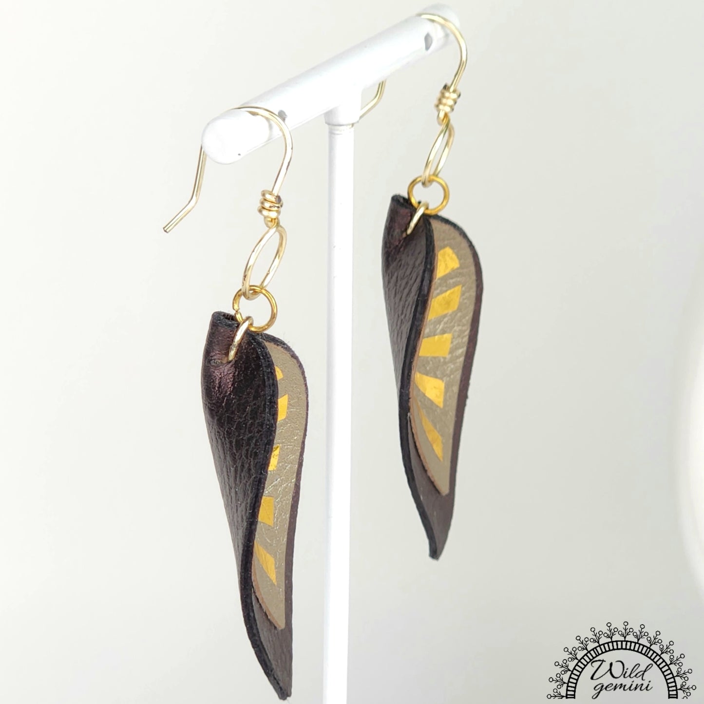 Boho Sun Leather Earrings – Handmade Two-Layer Faux Leather Drops in Brown & Beige with Golden Sun Design & Gold Hooks, 2.45” Long