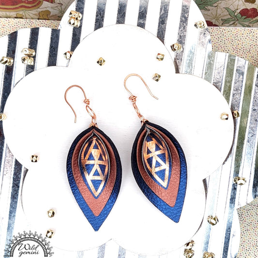 Boho Geometric Leather Earrings – Handmade Triple-Layer Faux Leather Drops in Blue & Brown with Copper Design & Hooks, 3” Long
