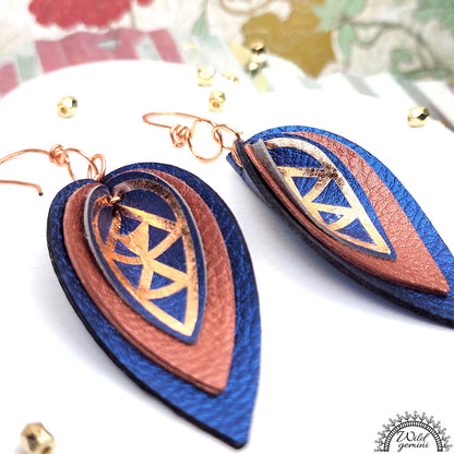 Boho Geometric Leather Earrings – Handmade Triple-Layer Faux Leather Drops in Blue & Brown with Copper Design & Hooks, 3” Long