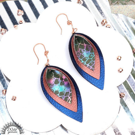 Boho Triple Layer Leather Earrings – Handmade Faux Leather Drops in Blue, Brown & Multicolor with Copper Hooks, 3” Long Statement Dangles