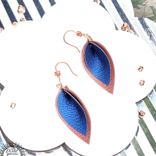 Boho Layered Leather Earrings – Handmade Brown & Blue Faux Leather Drops with Copper Hooks, 2.5” Long Lightweight Dangles
