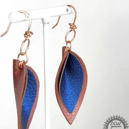 Boho Layered Leather Earrings – Handmade Brown & Blue Faux Leather Drops with Copper Hooks, 2.5” Long Lightweight Dangles