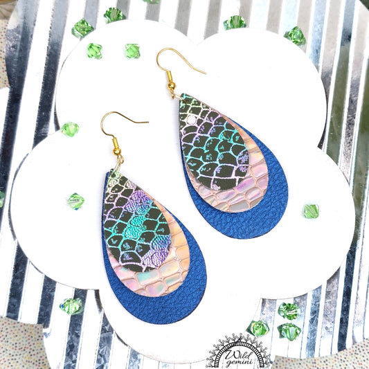 Boho Leather Drop Earrings – Handmade Earrings in Blue, Gold & Multicolor Faux Leather with Golden Hooks, 3” Long Statement Jewelry