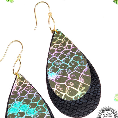 Boho Faux Leather Earrings – Handmade Drop Earrings in Black & Multicolor with Gold Hooks, 3” Long Lightweight Statement Jewelry