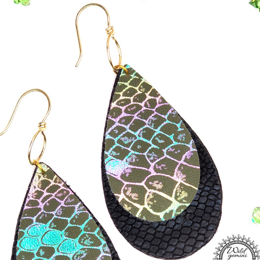 Boho Faux Leather Earrings – Handmade Drop Earrings in Black & Multicolor with Gold Hooks, 3” Long Lightweight Statement Jewelry