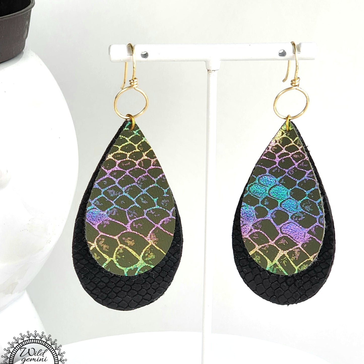 Boho Faux Leather Earrings – Handmade Drop Earrings in Black & Multicolor with Gold Hooks, 3” Long Lightweight Statement Jewelry
