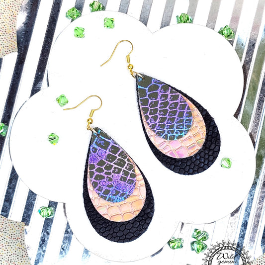 Boho Statement Earrings – Handmade Faux Leather Drops in Black, Gold & Multicolor with Golden Hooks, 3” Long Lightweight Dangles