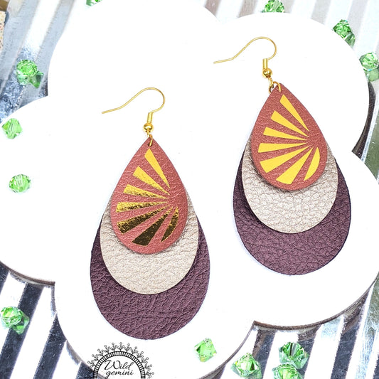 Boho Sunburst Drop Earrings – Handmade Faux Leather Dangles in Brown, Beige & Copper with Golden Sun Design & Gold Hooks, 3” Long