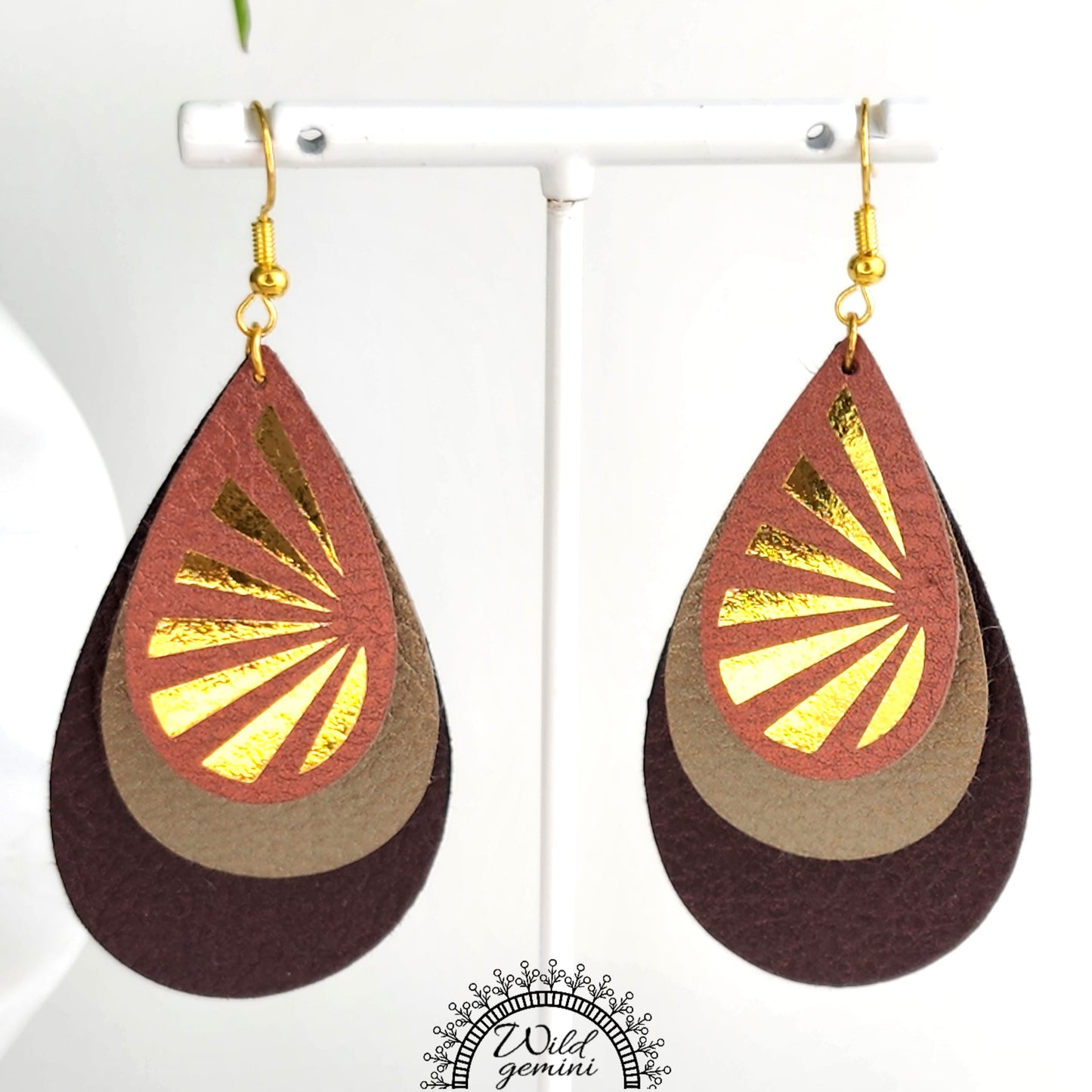 Boho Sunburst Drop Earrings – Handmade Faux Leather Dangles in Brown, Beige & Copper with Golden Sun Design & Gold Hooks, 3” Long