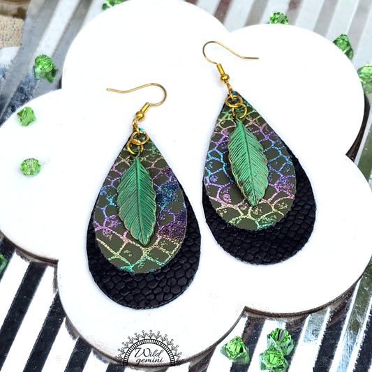 Boho Leaf Drop Earrings – Handmade Faux Leather Dangles in Black & Multicolor with Green Metal Leaf & Gold Hooks, 3” Long
