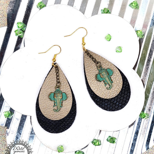 Boho Elephant Drop Earrings – Handmade Faux Leather Dangles in Black & Beige with Green Metal Elephant & Gold Hooks, 3” Long