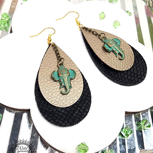 Boho Elephant Drop Earrings – Handmade Faux Leather Dangles in Black & Beige with Green Metal Elephant & Gold Hooks, 3” Long