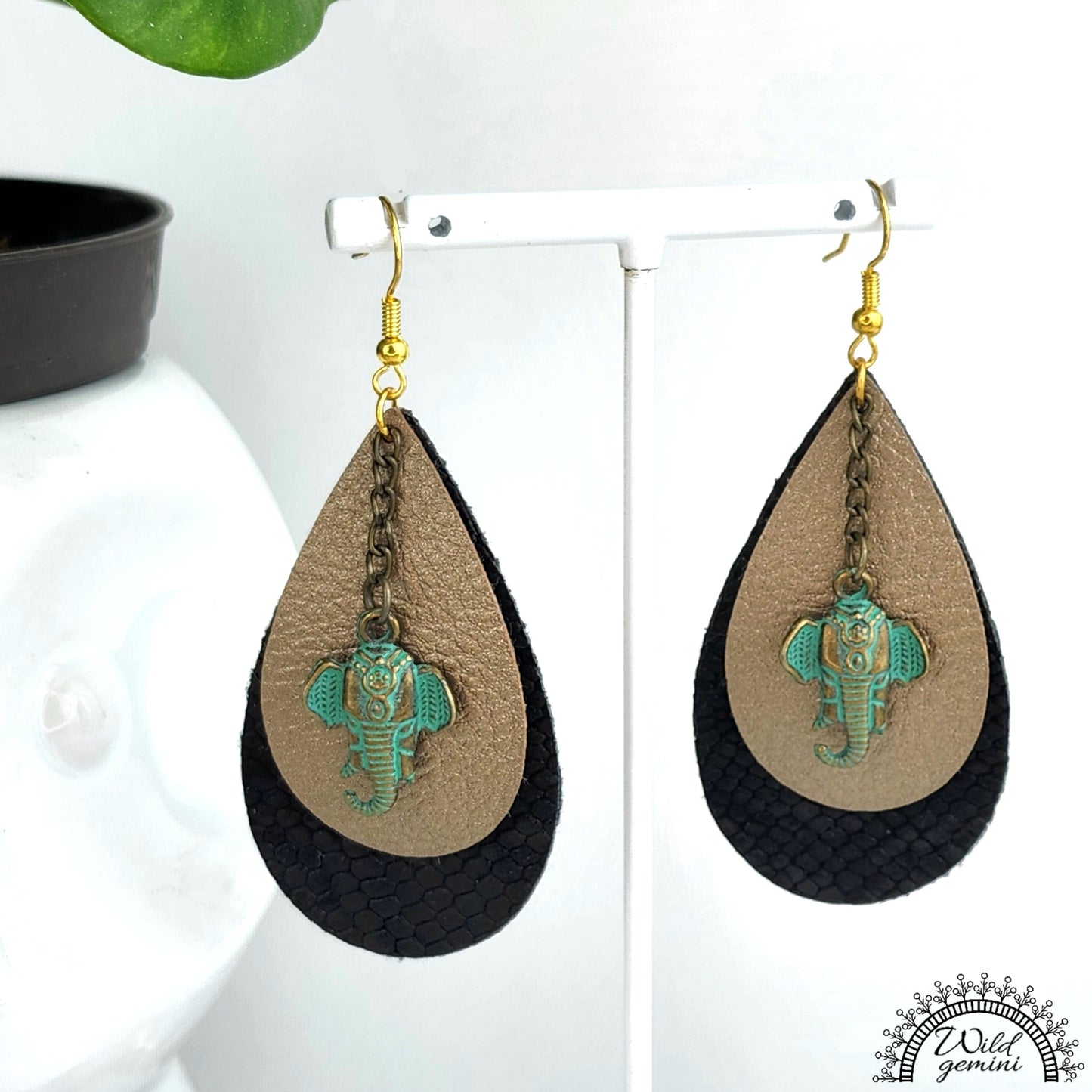 Boho Elephant Drop Earrings – Handmade Faux Leather Dangles in Black & Beige with Green Metal Elephant & Gold Hooks, 3” Long
