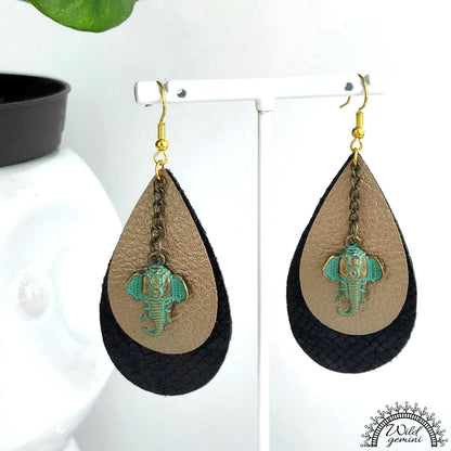 Boho Elephant Drop Earrings – Handmade Faux Leather Dangles in Black & Beige with Green Metal Elephant & Gold Hooks, 3” Long