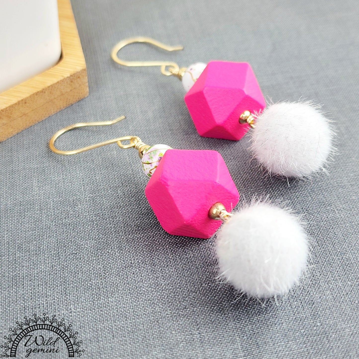 Boho Fuzzy Bead Earrings – Handmade Dangles with White Fuzzy Balls, Fuchsia Wooden Hexagons & Enameled Glass Beads, 3” Long