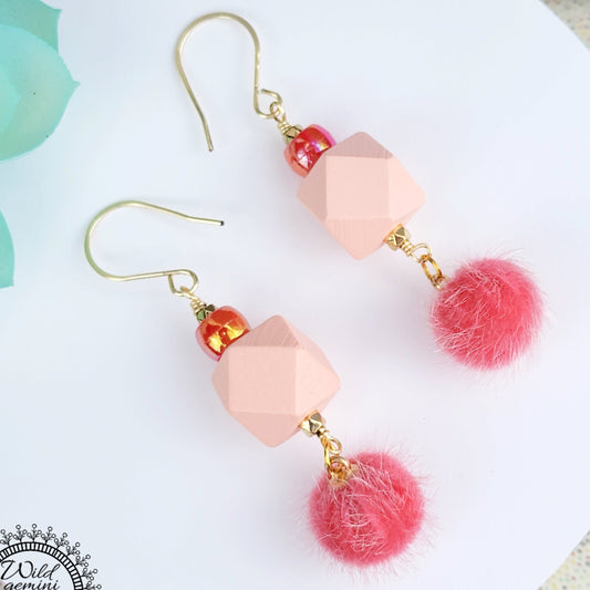 Boho Coral Earrings – Handmade Dangles with Fuzzy Beads, Iridescent Rondelles & Pink Wooden Hexagons, 3” Long with Gold Hooks