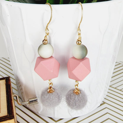 Boho Fuzzy Ball Earrings – Handmade Dangles with Grey Fuzzy Beads, Iridescent Rounds & Pink Wooden Hexagons, 2.6” Long with Gold Hooks