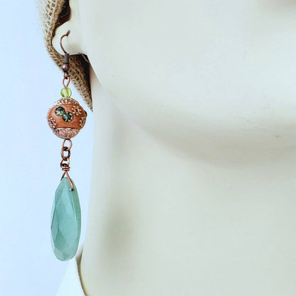 Boho Aventurine Teardrop Earrings – Handmade Copper Dangles with Faceted Stones & 10mm Beads, 3” Long