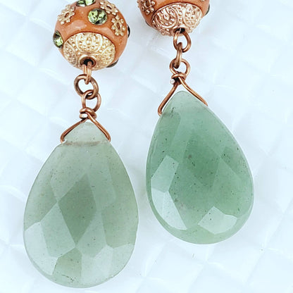 Boho Aventurine Teardrop Earrings – Handmade Copper Dangles with Faceted Stones & 10mm Beads, 3” Long