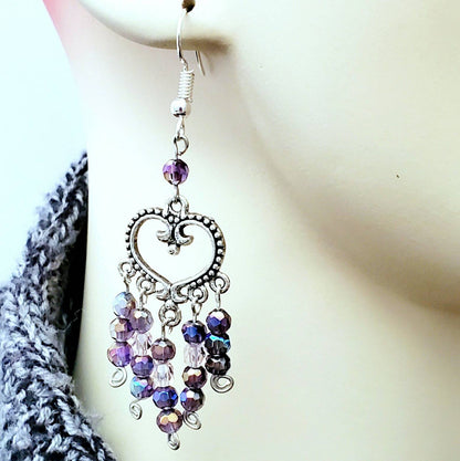 Boho Heart Earrings – Handmade Silver Dangles with Purple Glass Beads & Wire Wrapped Heart Charms, 2.5” Long