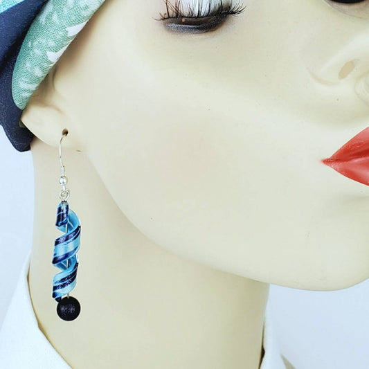 Sterling Silver Lampwork Glass Earrings – Handmade Spiral Glass Dangles with Blue Goldstone Beads, 2.5” Long
