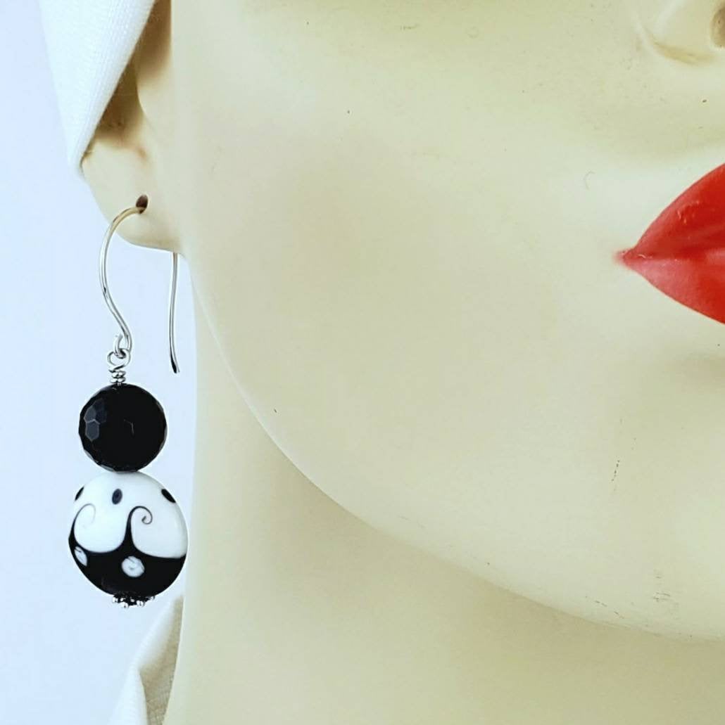Sterling Silver Onyx Earrings – Handmade Black & White Ceramic Dangles with Faceted Onyx & .925 Silver, 2” Long