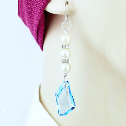 Sterling Silver Pearl & Crystal Earrings – Handmade Dangles with Blue Nuggets & Rhinestone Rondelles, 3” Long