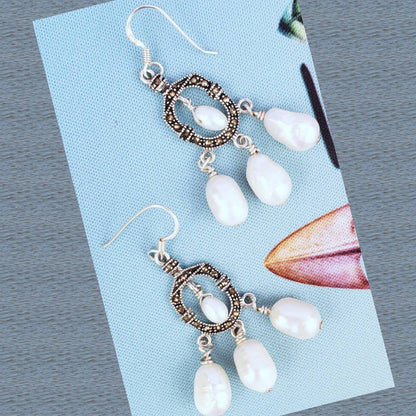 Sterling Silver Pearl Earrings – Handmade Marcasite Dangles with White Freshwater Pearls, 2” Long