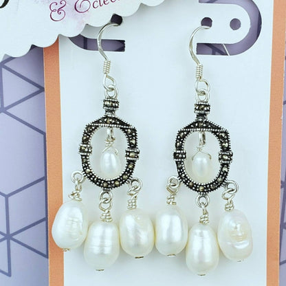 Sterling Silver Pearl Earrings – Handmade Marcasite Dangles with White Freshwater Pearls, 2” Long