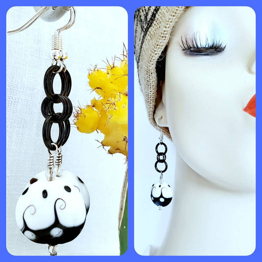 Boho Ceramic Drop Earrings – Handmade Black & White 20mm Beads with Silver Rings & Hooks, 2” Long