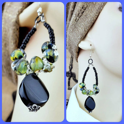 Boho Green Lampwork Earrings – Handmade Dangles with Black Onyx, Sea Beads & Silver Wire, 3.5” Long