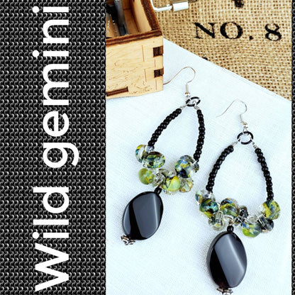 Boho Green Lampwork Earrings – Handmade Dangles with Black Onyx, Sea Beads & Silver Wire, 3.5” Long