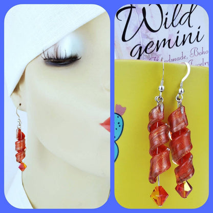 Sterling Silver Lampwork Earrings – Handmade Spiral Glass Dangles with Swarovski Bicone Crystals, 2.5” Long