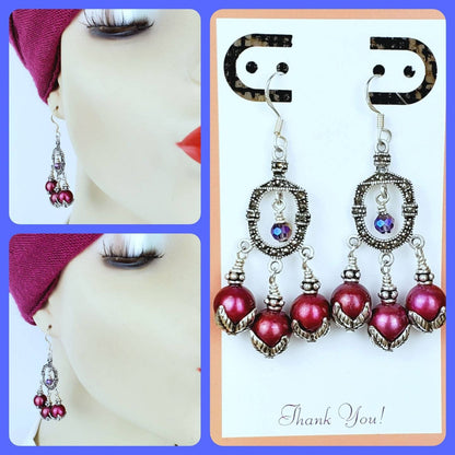 Sterling Silver Marcasite Earrings – Fuchsia Freshwater Pearl Dangles with Purple Crystals & All .925 Silver, 2.25” Long